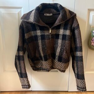 Zara Brown and Black Plaid ZipUp Sweater